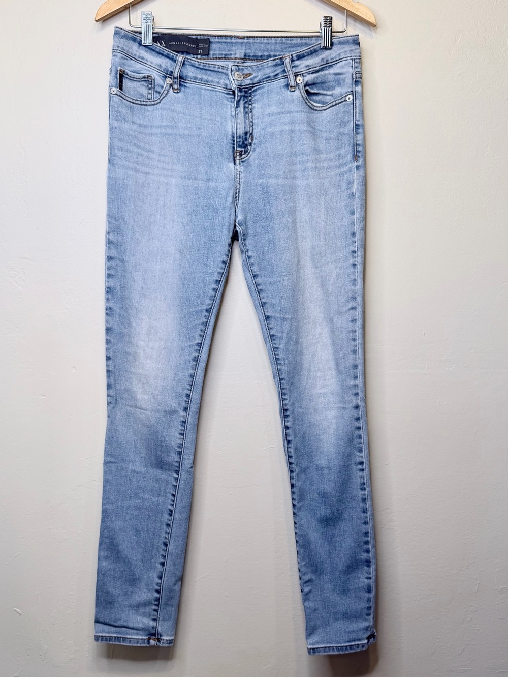 Armani Exchange | Mid-Rise Light Wash Factory Faded Denim Designer Skinny Jeans - Picture 4 of 16